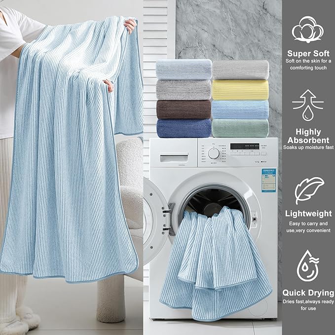 8-Piece Premium Towel Set for Bathroom|2 Oversized Large Bath Sheet,2 Hand Towels,4 Washcloths|Soft Cozy Highly Absorbent Fast Dry Microfiber Shower Towel Set for Hotel Bathroom Essentials,Blue White