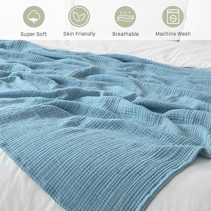 Muslin Blanket 100% Cotton Blanket Throw 108”x90”, Lightweight Breathable Summer Blanket Throw. Supersoft 4-Layer Gauze Throw Blanket for Sofa, Couch, Bed, All-Season Use, Sky Blue