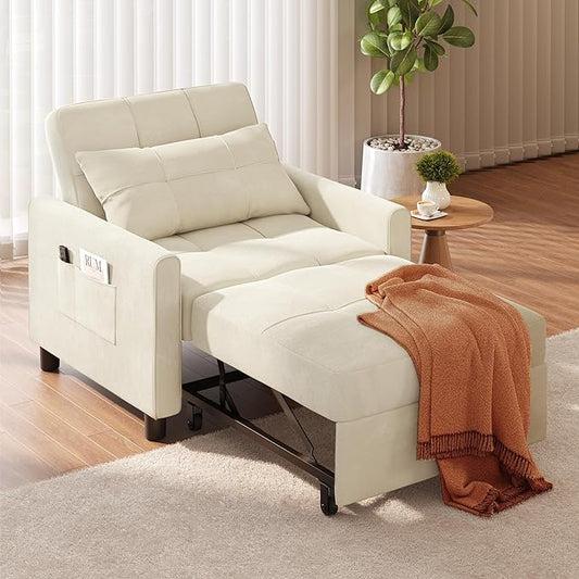 Ahomly Convertible Sofa Bed, 3-in-1 Multi-Functional Sleeper Chair Bed, Adjustable Backrest Recliner with Modern Linen Fabric for Living Room Bedroom Apartment Small Space, Beige