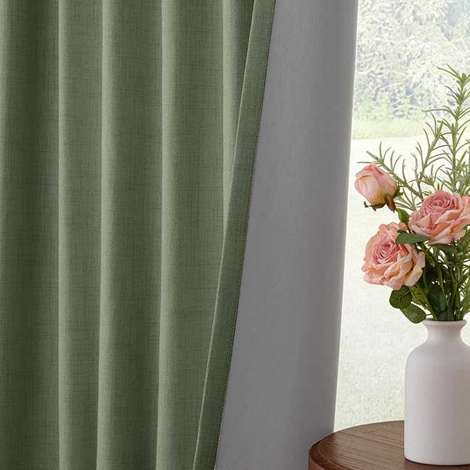 INOVADAY 100% Blackout Curtains for Bedroom, Black Out Curtains 80 Inch Long, Clip Rings Linen Blackout Drapes, Thermal Insulated Room Darkening for Living Room, 2 Panels - Moss Green, W50xL80