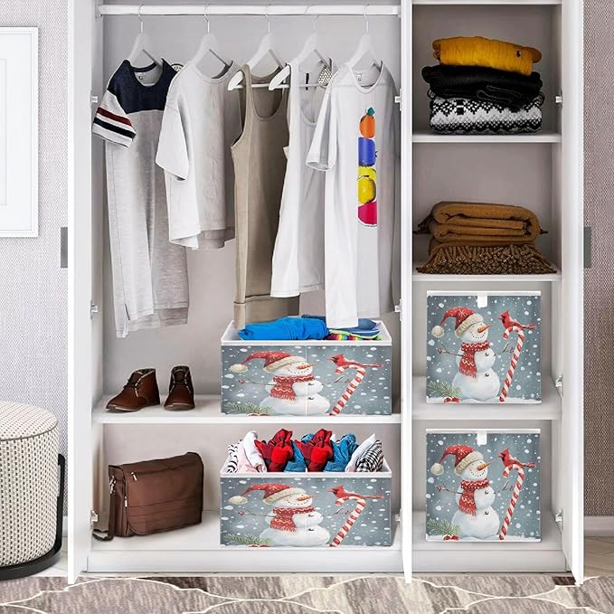 Bolaz Snowman with Bird Snowflakes Closet Organizers Storage Cubes Storage Bins Shelf Baskets Containers for Home Room Office,Square