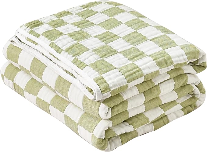 100% Cotton Muslin Blankets for Adults Queen Size 6-Layer Gauze Green Grid Cooling Blanket Lightweight Soft Breathable Decor Blanket for Sofa Couch Bed Coverlet Both Sides