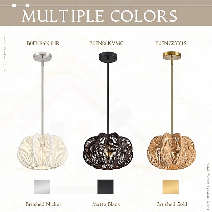 Black Rattan Pendant Light 12.6 in Rattan Light Fixture Wicker Chandelier Woven Pendant Light Boho Chandelier for Foyer