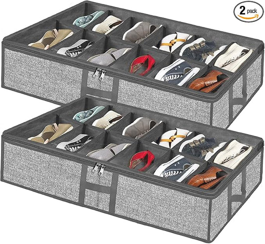Under Bed Shoe Storage Organizer for Closet 2 Pack- Fits 24 Pairs Underbed Shoes Rack Container Boxes with H Shap Sturdy Handles and Clear Window,Foldable Shoe Rack Holder,Grey