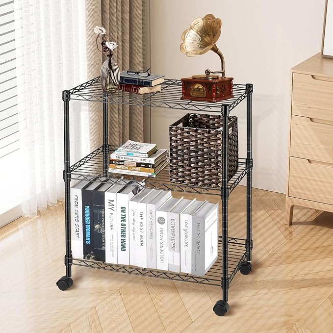 3-Tier Storage Shelves Steel Plant Stand Household Sturdy, Mesh Metal Storage Rack Unit with 360°Removable Wheels for Kitchen/Living Room/Bathroom/Laundry Room/Pantry/Garage/(Max Load Capacity 200 lb)