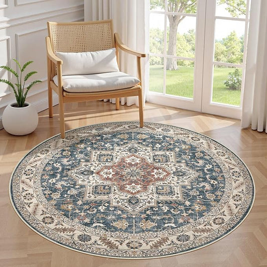 5ft Round Vintage Living Room Area Rug - 5x5 Large Soft Washable Oriental Traditional Distressed Farmhouse Rugs for Bedroom - Indoor Floor Accent Carpet for Home Office House Decor - Vintage Blue