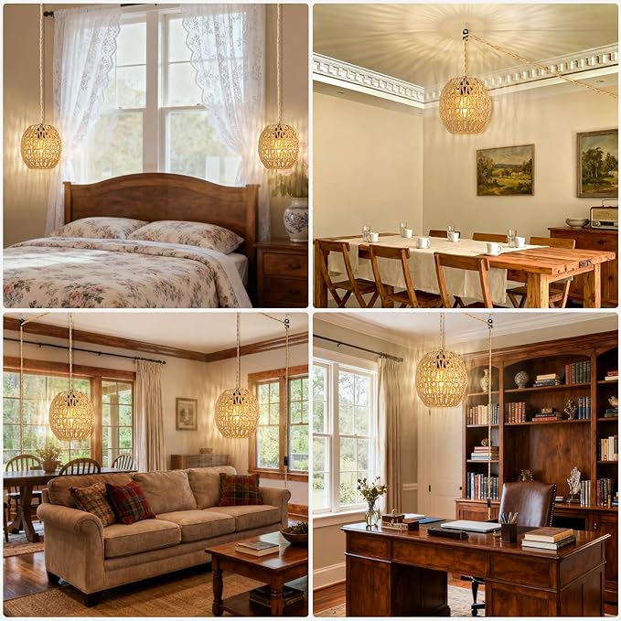 SLYYMY Plug in Pendant Light, 15FT Hemp Rope Cord, Hanging Lamps Rattan Pendant Light, On/Off Switch Hanging Lights for Bedroom Living Kitchen