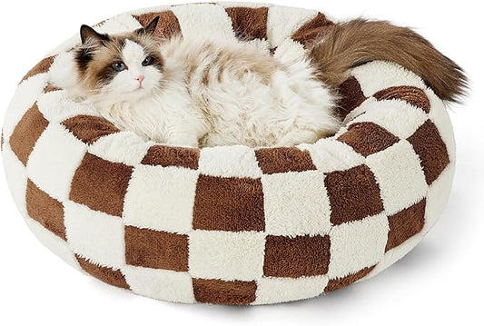 LE SURE Donut Cat Beds for Indoor Cats - Small Round Dog Bed for Calming Pets with Washable Cover, Cute Modern Puppy Beds with Jacquard Shaggy Plush & Anti Slip Bottom, 20 Inch, Brown