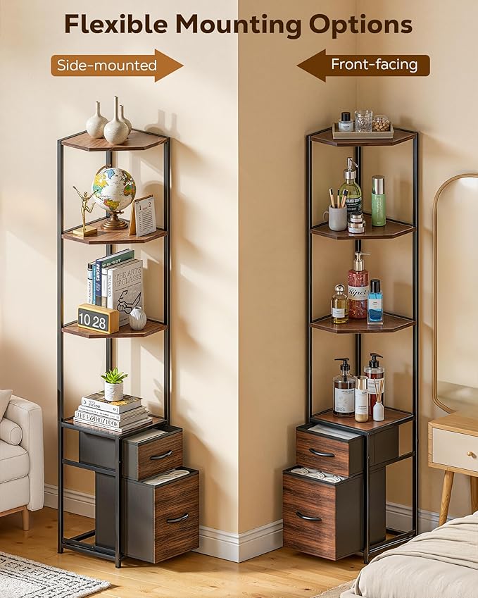 Corner Shelf Stand 6-Tier - 63.8" Tall Corner Bookshelf with Storage Drawers