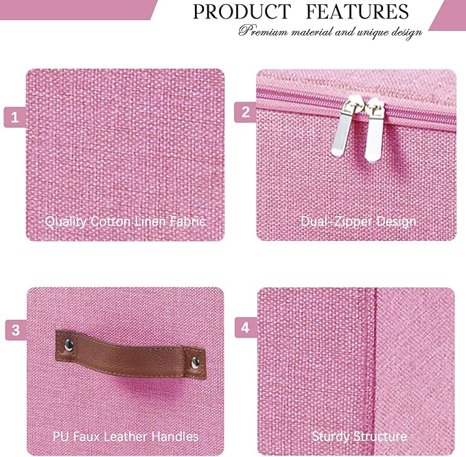 3 Pack Storage Bins with Zipper Lid Fabric Lidded Storage Boxes Baskets Cubes Washable Collapsible PU Leather Handle Cotton Linen Shelves Closet Organizer Container(Pink, Large Size)
