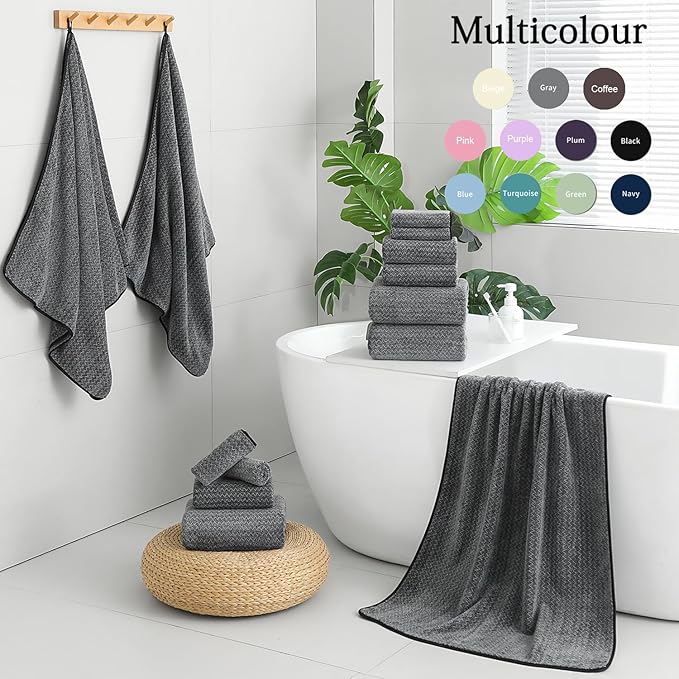 18 Piece Bath Towels Set,100% Microfiber Family Bathroom Towel with Hanging Loops-6 Bath Towels,6 Hand Towels,6 Washcloths,Quick Dry Highly Absorbent Shower Towel for Bathroom,Hotel,Spa-Black