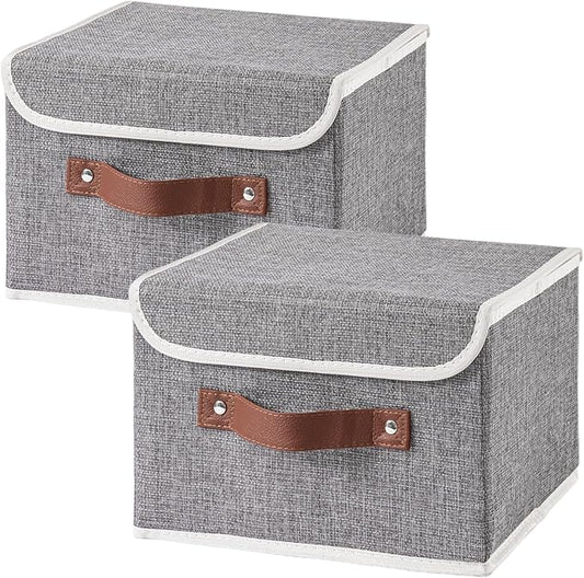 2PCS Collapsible Storage Boxes Baskets with Lid Cotton Linen Fabric Storage Bins with Faux Leather Handles Washable Cube Organizer Container for Home Closet Bedroom (Gray, Small Size)