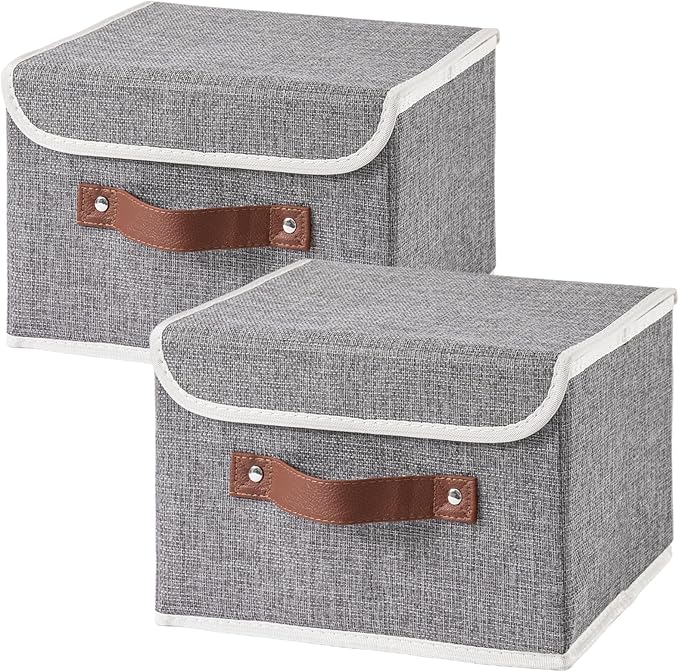 2PCS Collapsible Storage Boxes Baskets with Lid Cotton Linen Fabric Storage Bins with Faux Leather Handles Washable Cube Organizer Container for Home Closet Bedroom (Gray, Small Size)