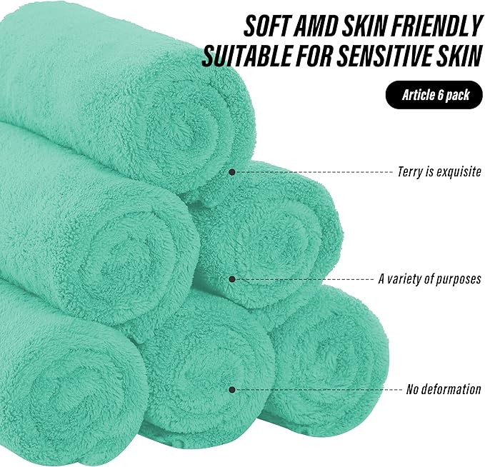 6 Pack Premium Hand Towels - Quick Drying - Microfiber Coral Velvet Highly Absorbent Towels - Multipurpose Use as Hotel, Bathroom, Shower, Spa, Hand Towel 16 x 28 inches (Aqua Green)