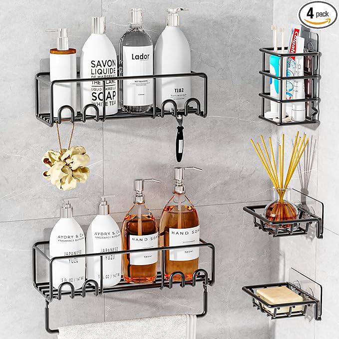 5-Pack Shower Caddy, Adhesive Shower Organizer, No-Drill Space Saving Shower Shelf with Soap Dish, Rustproof Shower Shampoo Holder for Kitchen & Bathroom Storage & Home Decor (Black)
