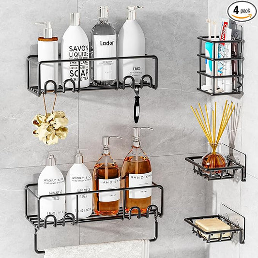 5-Pack Shower Caddy, Adhesive Shower Organizer, No-Drill Space Saving Shower Shelf with Soap Dish, Rustproof Shower Shampoo Holder for Kitchen & Bathroom Storage & Home Decor (Black)