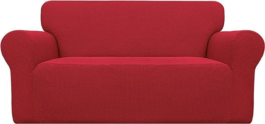 Easy-Going Stretch Oversized Loveseat Slipcover 1-Piece Sofa Cover Furniture Protector Couch Soft with Elastic Bottom for Kids Polyester Spandex Jacquard Fabric Small Checks Christmas Red