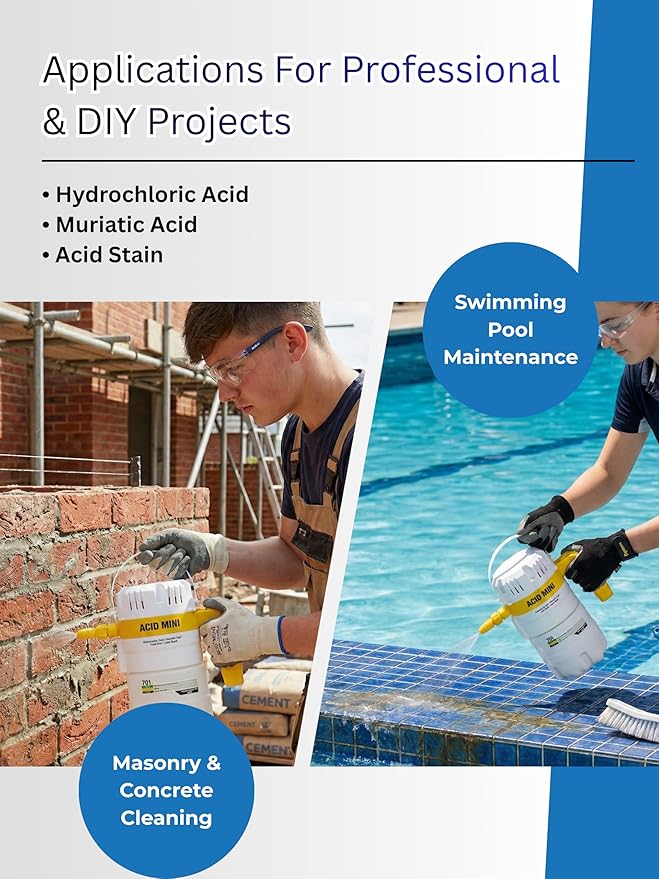 Sprayers Plus 701 Acid Mini Effortless Sprayer, Portable Lightwight 1.2L Battery Powered Chemical Resistant Sprayer,Nitrile Seals, Rechargeable via USB-C, for Acid Pool Washing