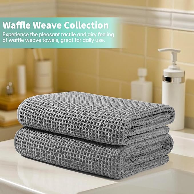 Microfiber Waffle Bath Towels, 4 Pieces, Soft, Absorbent, Fast Drying, Lint Free 430 GSM (Gray)