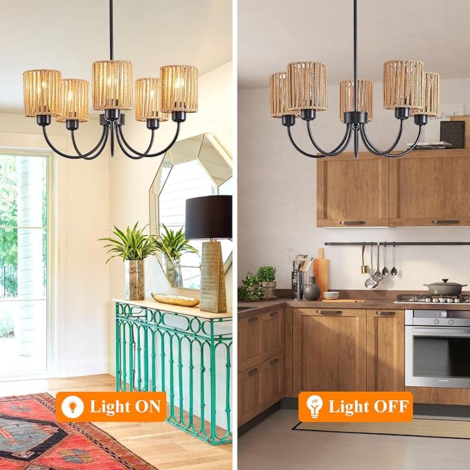 22” Black Farmhouse Chandelier - 5 Light Rattan Pendant Light for Kitchen Island & Dining Room - Adjustable Height E26