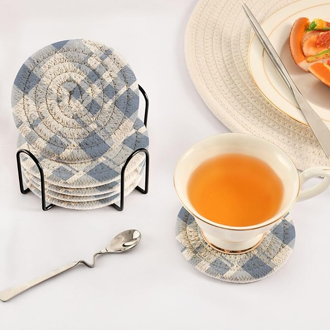 Handmade Cotton Absorbent Coaster Set of 6, Blue Plaid Drink Coasters, Minimalist Home Decor for Coffee Table, Kitchen, Housewarming and Wedding Registry Ideas