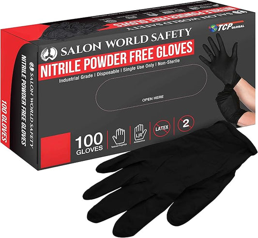 Salon World Safety Black Nitrile Disposable Gloves, Box of 100, Size X-Large, 5.0 Mil - Latex Free, Textured, Food Safe