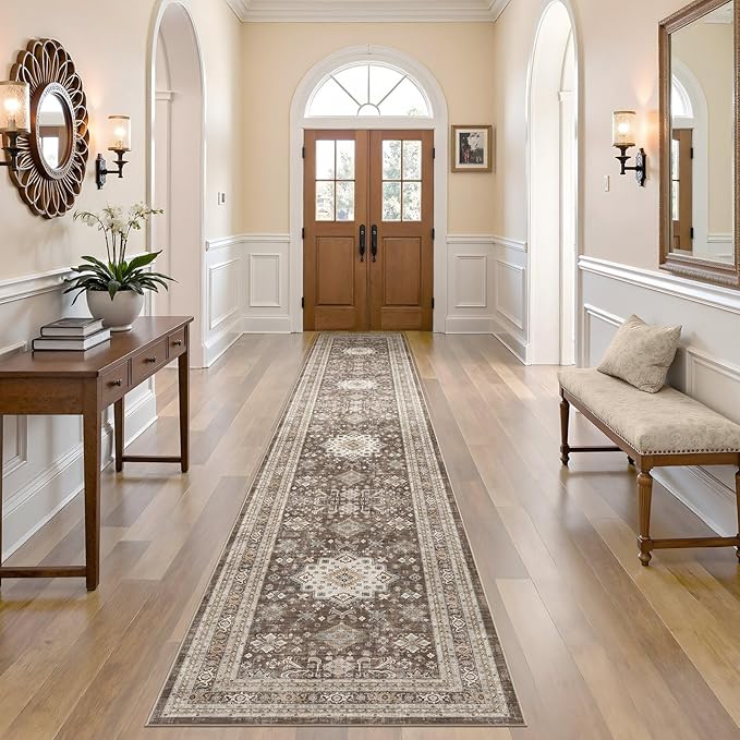 Vintage Hallway Runner Rug 2x10: Large Soft Washable Entryway for Kitchen Laundry Room Non-Slip Backing Runner for Entrance Living Room Bedroom Bathroom - Dark Brown