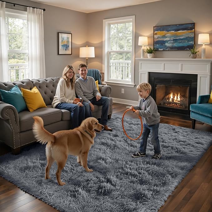 Fluffy Rug Shaggy Area Rug, Grey 10x14 Area Rugs for Bedroom, Super Soft Shaggy Rugs for Living Room Bedroom Kids Room Home Decor, Upgrade Anti-Skid Rectangular Fuzzy Rug