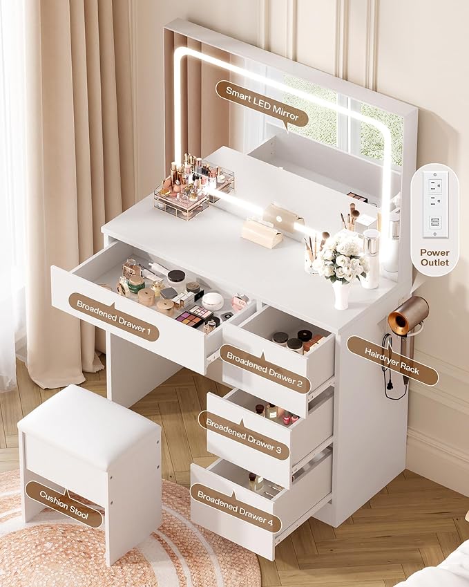Makeup Vanity Desk Set, White, 35.4“W x 15.7" D x 53.9" H (Large Smart LED Mirror, with Cushion Stool, Hairdryer Rack, Power-Outlet, 4 Drawers)