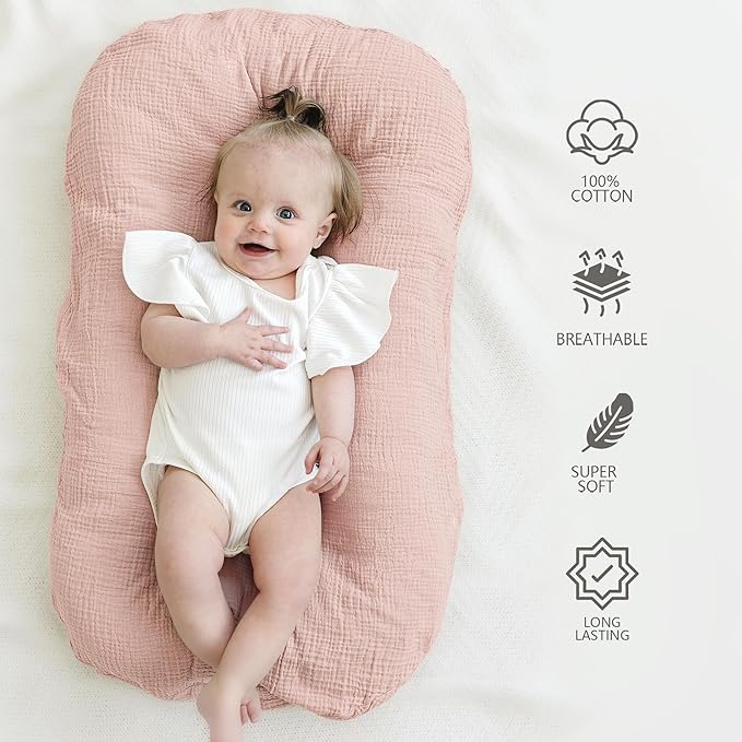 Muslin Baby Lounger Cover for Newborn & Infant, 100% Cotton Soft and Breathable Lounger Slipcover for Baby Girls and Boys, Pack of 2 (Pink Blossom)