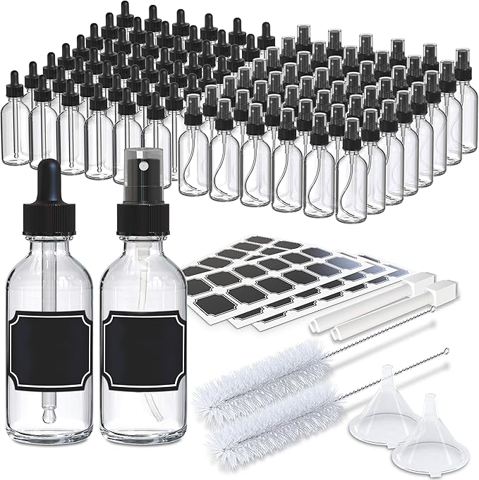 2 Oz Dropper & Spray Clear Glass Bottles w/Funnels, Cleaning Brushes, Label Stickers & Markers Bundle