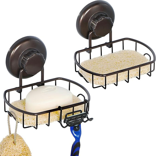 HASKO 2 Pack Suction Cup Soap Dish for Shower Wall, Rustproof Stainless Steel, Shower Soap Holder with Hooks, Includes Optional No Drill Adhesive Mount for Bathroom, 2 Soap Savers, Bronze