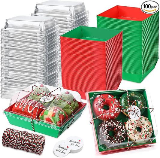 Outus 100 Pack Charcuterie Boxes with Clear Lids, 5.7 x 5.1 '', Mother 's Day Back to School Paper Food Containers Cake Take out Bakery Boxes with Gift Tags Rope for Desserts(Green,Red,Christmas)