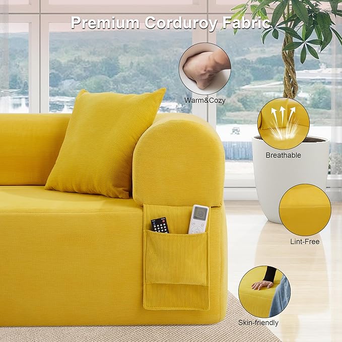 83'' Boneless Sofa in A Box, 3-Seater Floor Sofa No Assembly Corduroy Couch for Living Room, Cloud Couch with 2 Pillows & Storage Bag, Memory Foam Small Floor Couches for Office, Bright Yellow