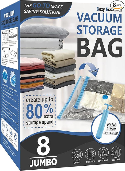 Cozy Essential Vacuum Storage Bags, Compression Space Saver Bags for Clothes, Comforters, Blankets, Pillow, Bedding, Sealer Clothing Storage,8 Jumbo