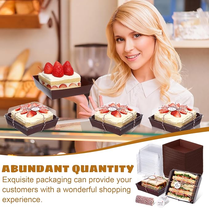 Outus 100 Pack Charcuterie Boxes with Clear Lids, 5.7 x 5.1 '', Mother 's Day Back to School Paper Food Containers Cake Take out Bakery Boxes with Gift Tags Rope for Desserts(Coffee Brown,Classic)