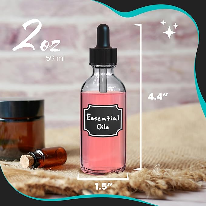 2 Oz Dropper & Spray Clear Glass Bottles w/Funnels, Cleaning Brushes, Label Stickers & Markers Bundle