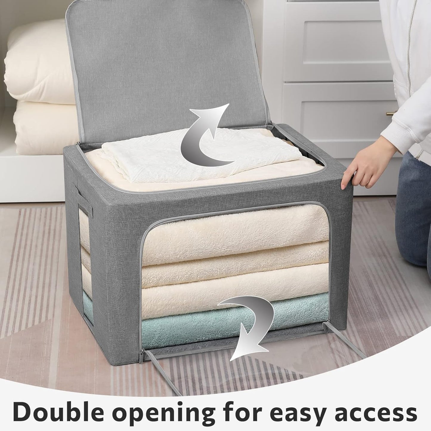 2 Pack Clear Window Storage Bins — Stackable Linen Fabric Storage for Clothes, Foldable Box Organizer with Carrying Handles, 36L (Gray, 15.7×11.8×11.7")