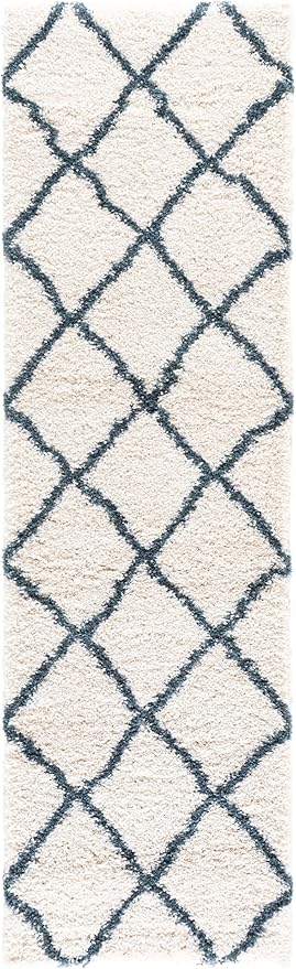 SAFAVIEH Hudson Shag Collection Runner Rug - 2'3" x 8', Ivory & Slate Blue, Modern Trellis Design, Non-Shedding & Easy Care, 2-inch Thick Ideal for High Traffic Areas in Living Room, Bedroom (SGH281T)