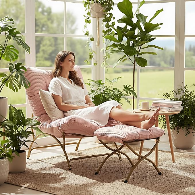 Welnow Modern Accent Chair with Ottoman, Upholstered Comfy Lounge Recliner Sofa, Thick Cushion Oversized Lazy Reading Chair with Footrest for Living Room, Bedroom, Apartment, Office, Dorm, Pink