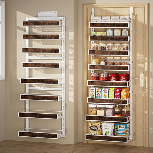 8 Tier Over The Door Pantry Orangizer 2 IN 1 Wall Mounted or Hanging Spice Rack with Adjustable Wood Basket,Heavy Duty Seasoning Storage Shelf for Kitchen Pantry and Bathroom