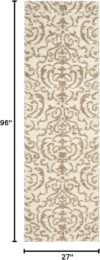 SAFAVIEH Florida Shag Collection Runner Rug - 2'3" x 8', Cream & Beige, Damask Design, Non-Shedding & Easy Care, 1.2-inch Thick Ideal for High Traffic Areas in Living Room, Bedroom (SG462-1113)