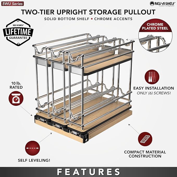 Rev-A-Shelf 9" Pullout Organizer, 2 Tier Triple Narrow Upright Shelf, 5WU2-9N3-1
