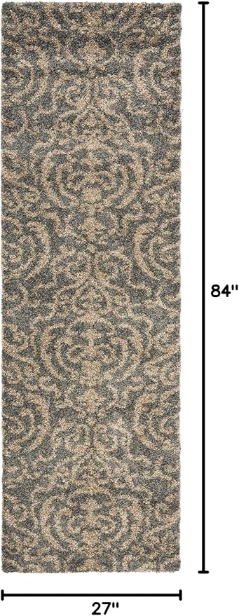 SAFAVIEH Florida Shag Collection Runner Rug - 2'3" x 7', Grey & Beige, Damask Design, Non-Shedding & Easy Care, 1.2-inch Thick Ideal for High Traffic Areas in Living Room, Bedroom (SG462-8013)