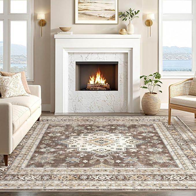 Vintage Living Room Square Area Rug 6x6 - Large Soft Washable Oriental Traditional Distressed Farmhouse Rugs for Bedroom - Indoor Floor Accent Carpet for Home Office House Decor - Dark Brown