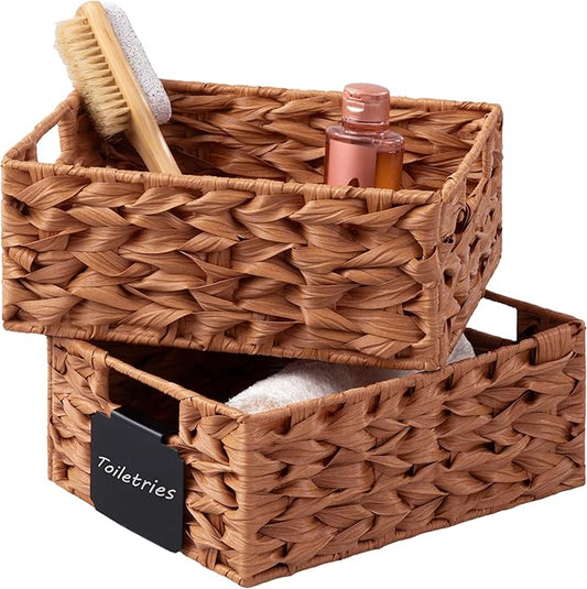 Storage Baskets with Label — Wicker Pantry Baskets for Shelves, Waterproof Woven Basket for Organizing, 2-Pack Plastic Rectangle Organizers with Handles, Light Brown (10L×8H×4W)