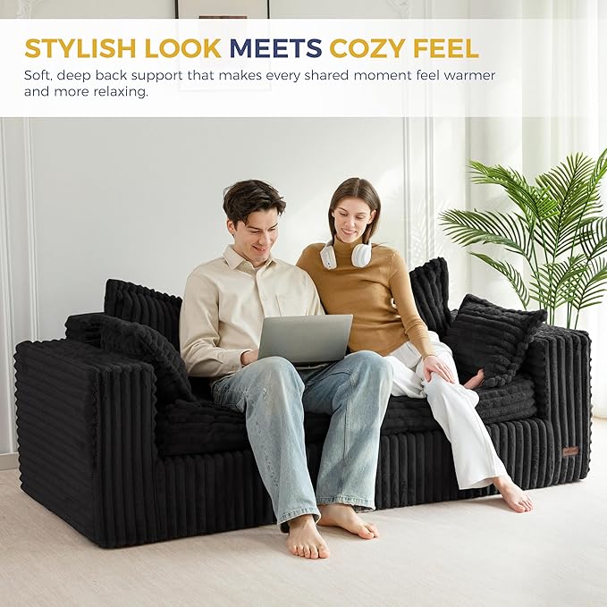MAXYOYO 76" Bean Bag Sofa Couch, Loveseat Boneless Couch in a Box, Upholstered Small Mini Sofa for Living Room Bedroom Office Apartment, No Assembly, Black
