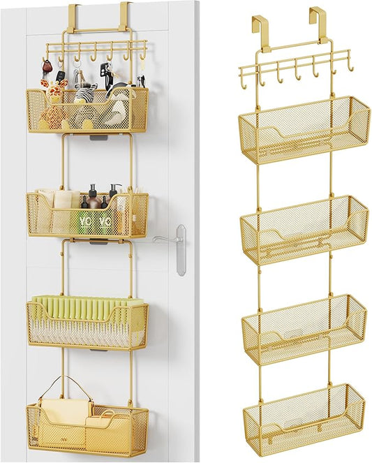 HapiRm Over The Door Organizer - Hanging Door Organizer with 4 Metal Large Capacity Baskets and Adjustable Coat Hook for Bathroom Bedroom Kitchen Pantry Closet Cabinet