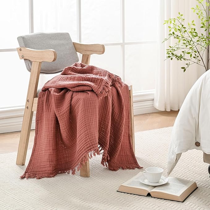 Muslin Blanket 100% Cotton Blanket Throw 50”x65”, Lightweight Breathable Summer Blanket Throw. Supersoft 4-Layer Gauze Throw Blanket for Sofa, Couch, Bed, All-Season Use, Copper Brown