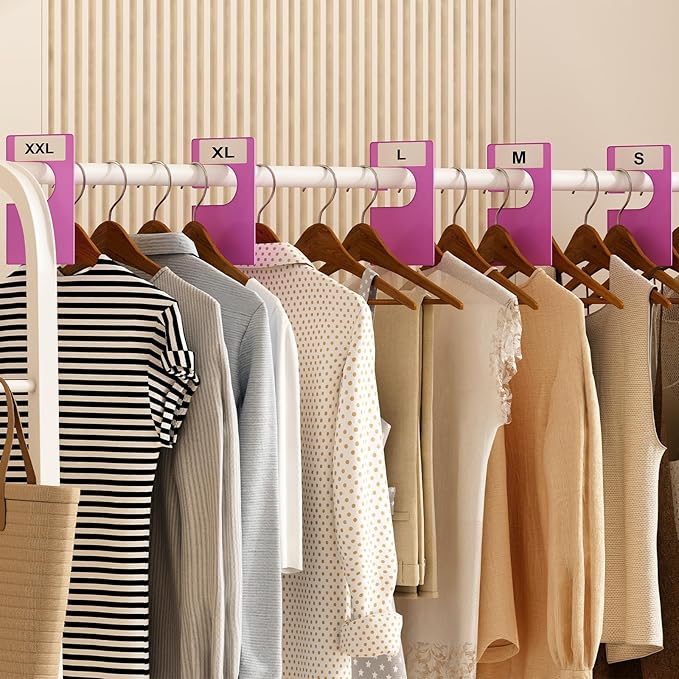 16 Pack White Clothing Rack Size Dividers Plus 45 Labels (1 Inch) and 18 Large Blank Labels, Large Rectangular Clothing Closet Dividers (Purple)